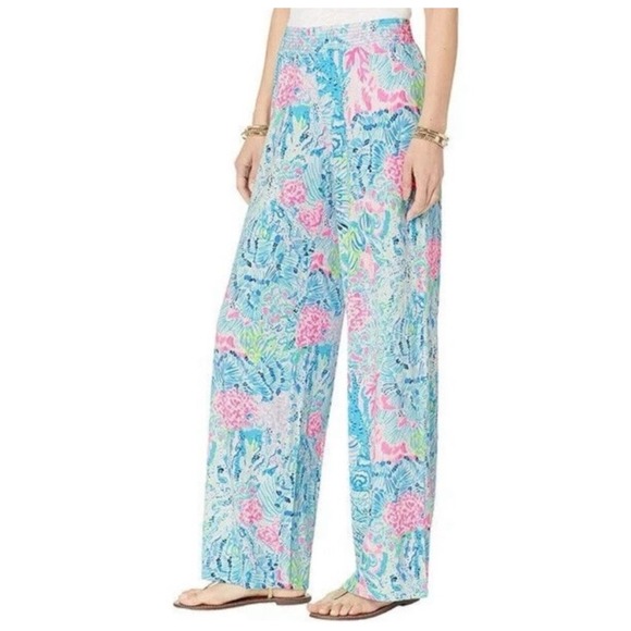 Lilly Pulitzer Lorena Multi Sink Or Swim Wide Leg Breezy Palazzo Pants M‎ Resort - Picture 1 of 11